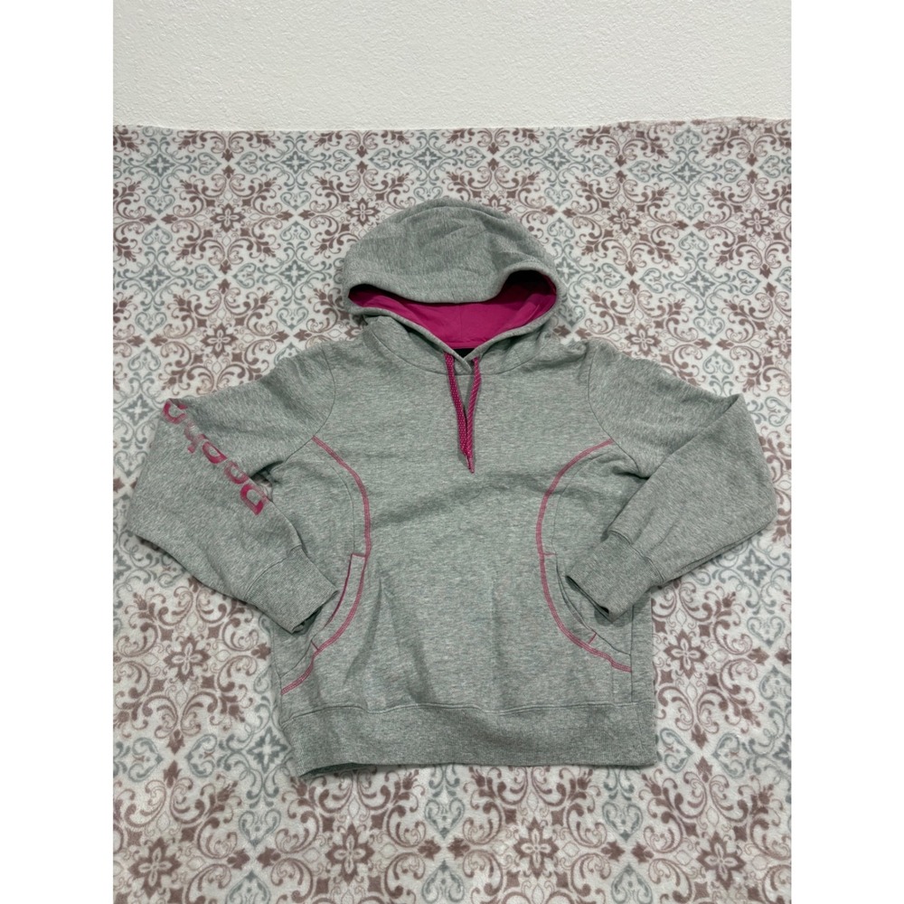 Reebok Womens Petite Medium Gray Pink Logo Pullover Hoodie Sweatshirt RN117927
